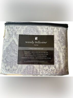 Wendy Bellissimo Twin Sheet Set 3 Pc 100% Cotton Light Lavender Damask New